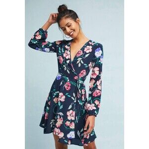 YUMI KIM Anthropologie 100% Silk Wrap Floral Dress Medium Wedding Shower Guest
